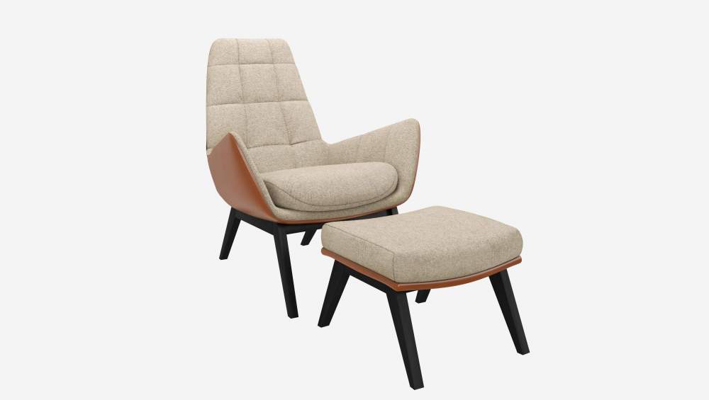 Sessel aus Lucca-Stoff in Acrylweiß und Vintage-Leder - Schwarze Füße