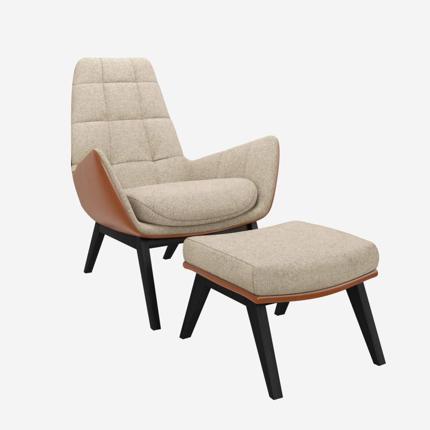 Sessel aus Lucca-Stoff in Acrylweiß und Vintage-Leder - Schwarze Füße