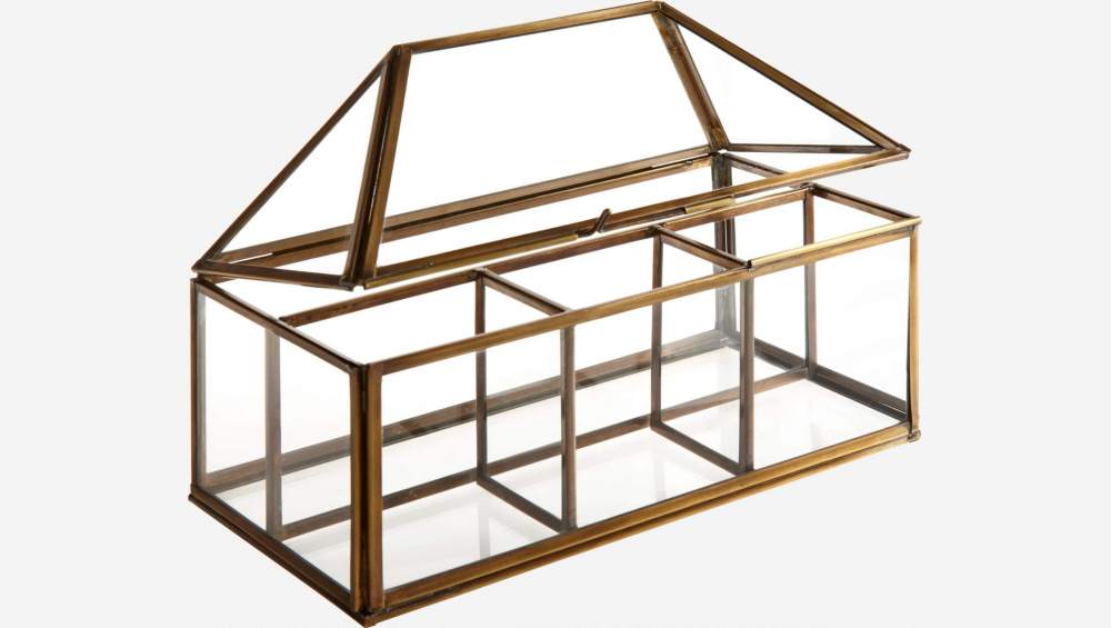 Caixa de vidro em forma de casa com 4 compartimentos - 13x26 cm – Transparente e dourado