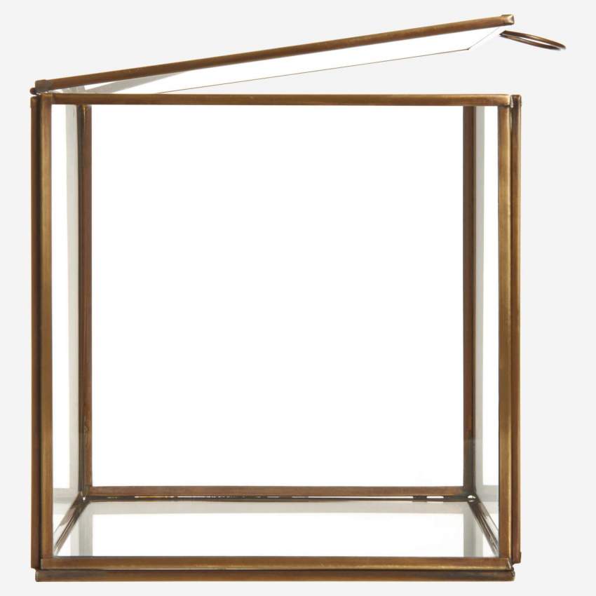 Caja cuadrada de vidrio - 18 x 18 cm – Transparente y dorado
