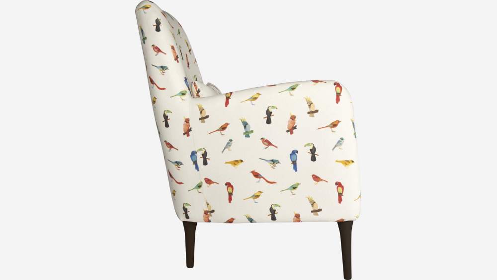 Sessel aus Stoff mit Vogelmotiv, dunkle Füße
