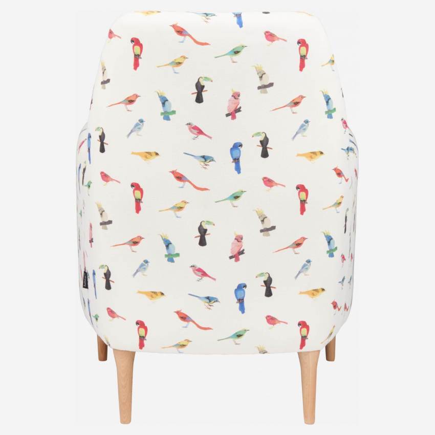 Sessel aus Stoff mit Vogelmotiv, helle Füße