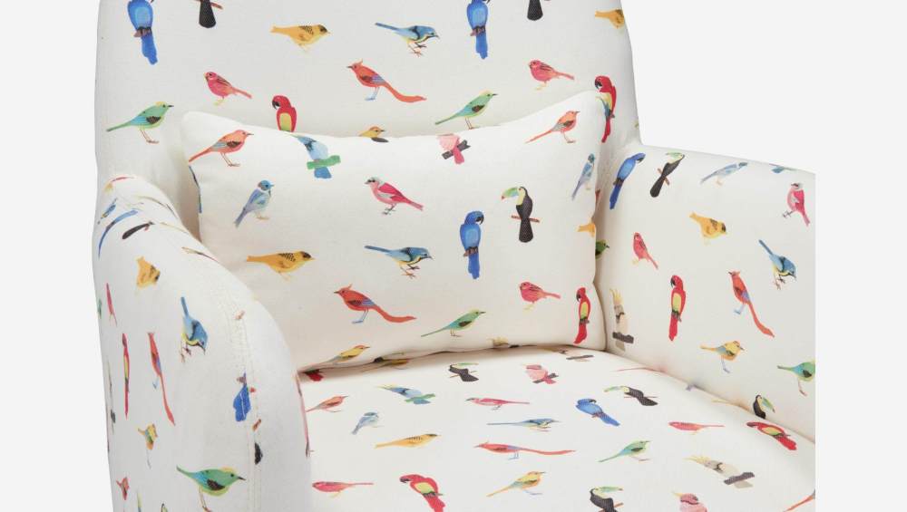 Fauteuil en tissu motif oiseaux et pieds en chêne