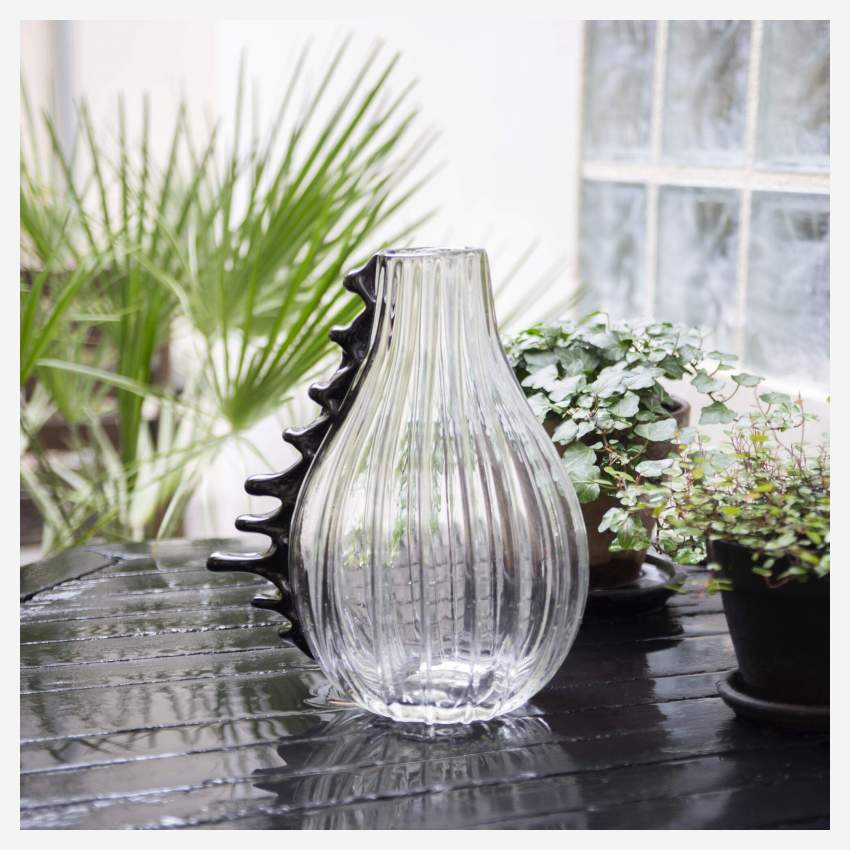 Vase aus mundgeblasenem Glas - Transparent und Schwarz