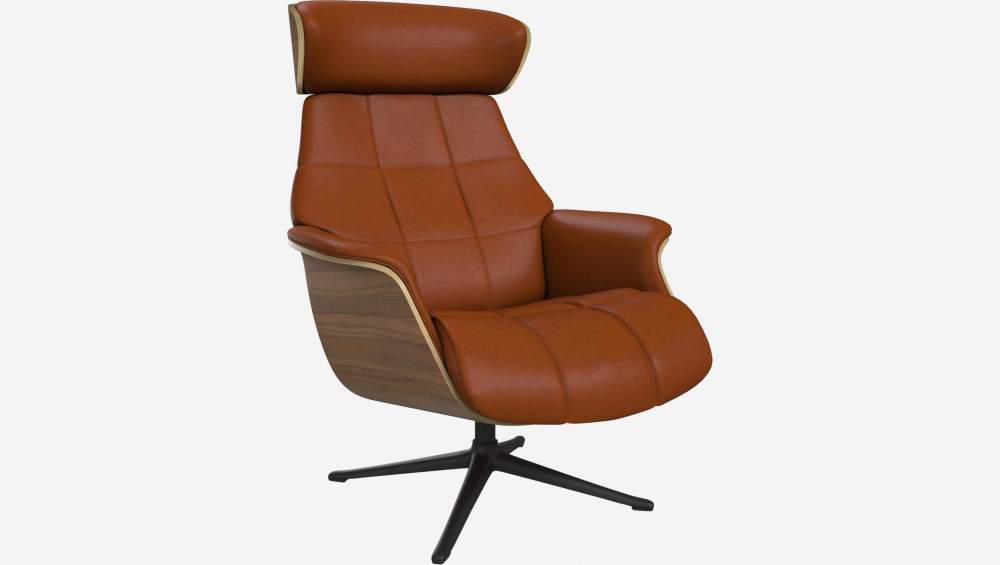 Sessel aus Nussbaum und Vintage-Leder - Cognacbraun - Schwarzer Fuß