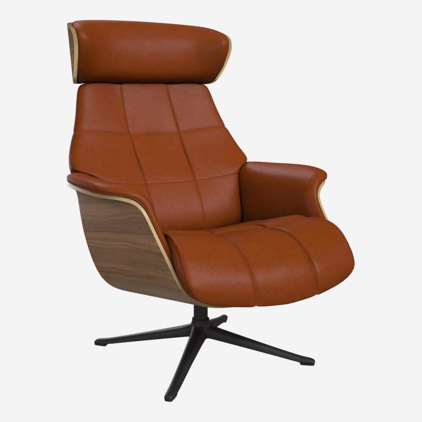 Sessel aus Nussbaum und Vintage-Leder - Cognacbraun - Schwarzer Fuß