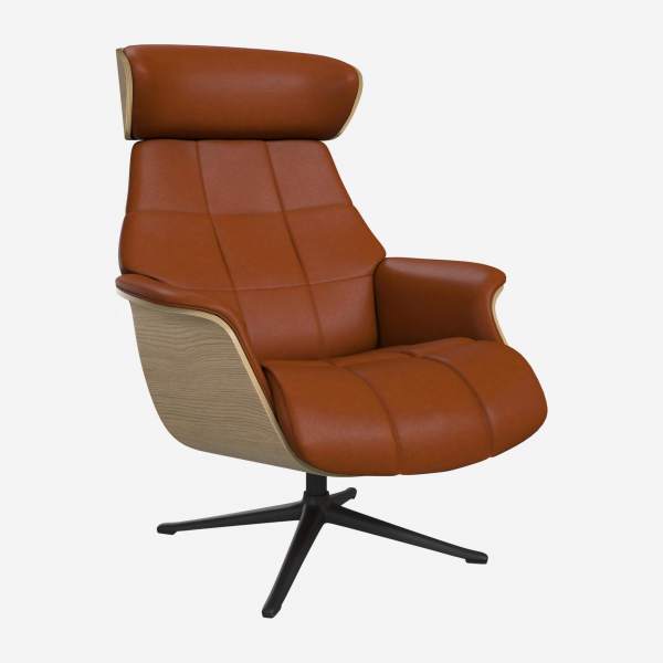 Sessel aus Eiche und Vintage-Leder - Cognacbraun - Schwarzer Fuß