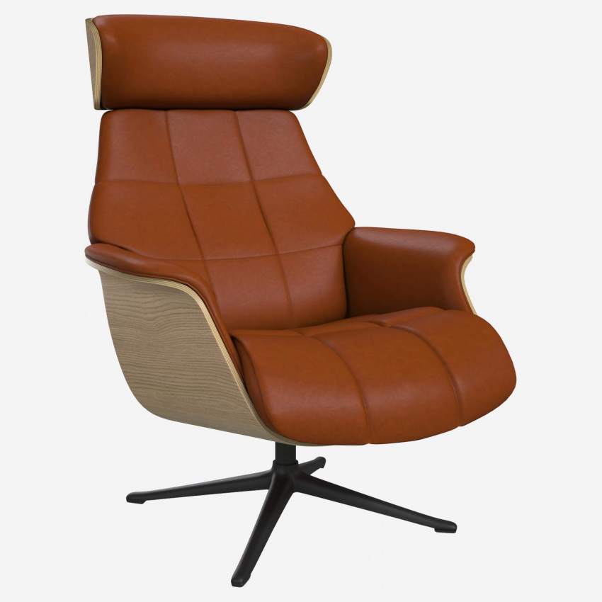 Sessel aus Eiche und Vintage-Leder - Cognacbraun - Schwarzer Fuß