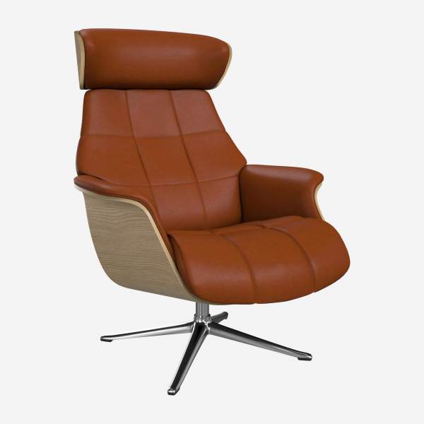 Sessel aus Eiche und Vintage-Leder - Cognacbraun - Aluminiumfuß