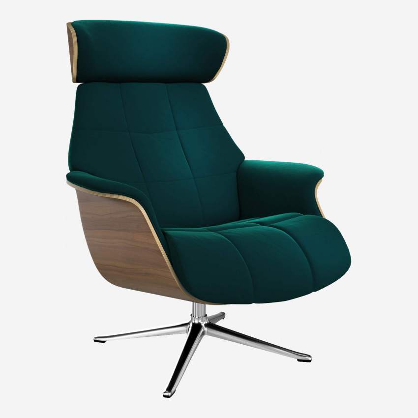 Sessel aus Nussbaum und Samt - Smaragdgrün - Aluminiumfuß