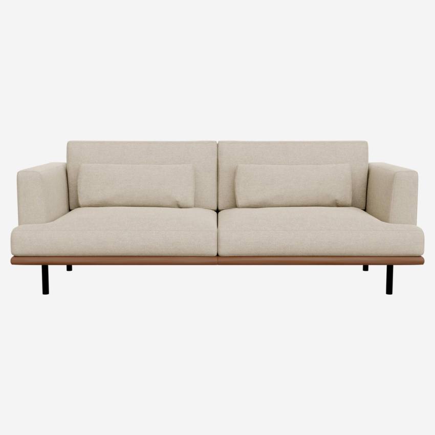 3-Sitzer-Sofa aus Lucca-Stoff - Acrylweiß - Basis aus braunem Leder