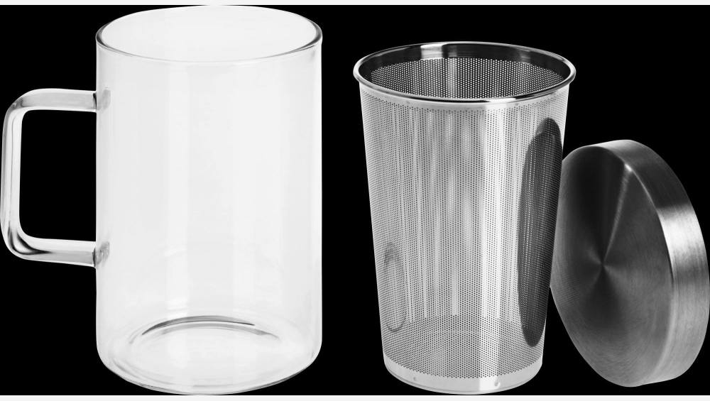 Caneca de vidro c/ filtro inox integrado - 12 cm