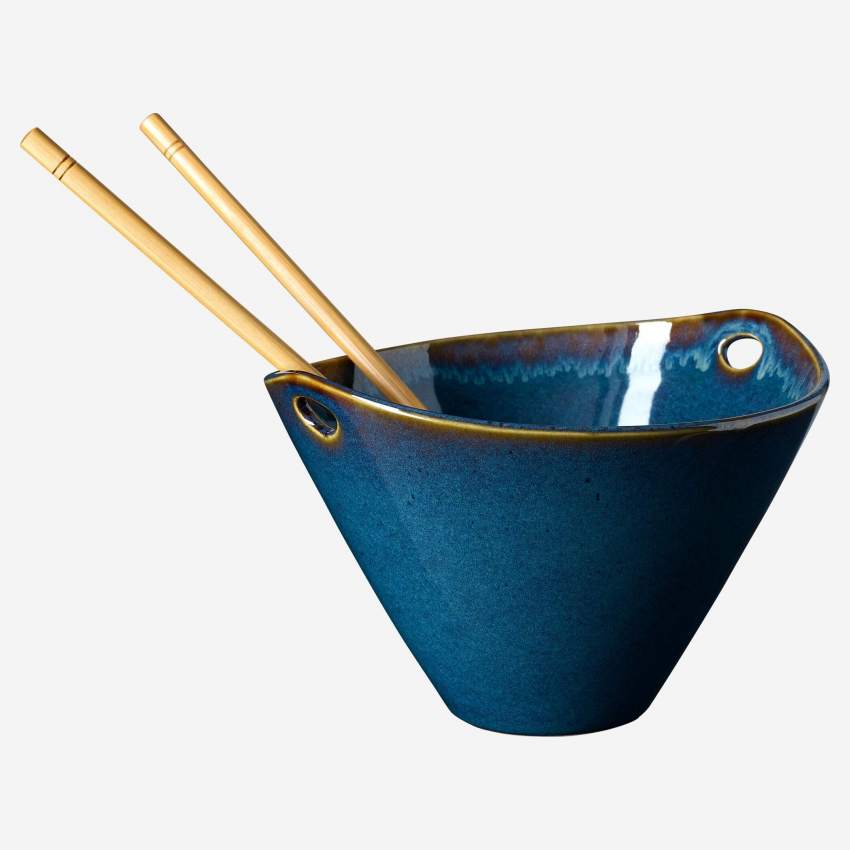 Ciotola per noodles in arenaria con bacchette - 8 cm - Blu
