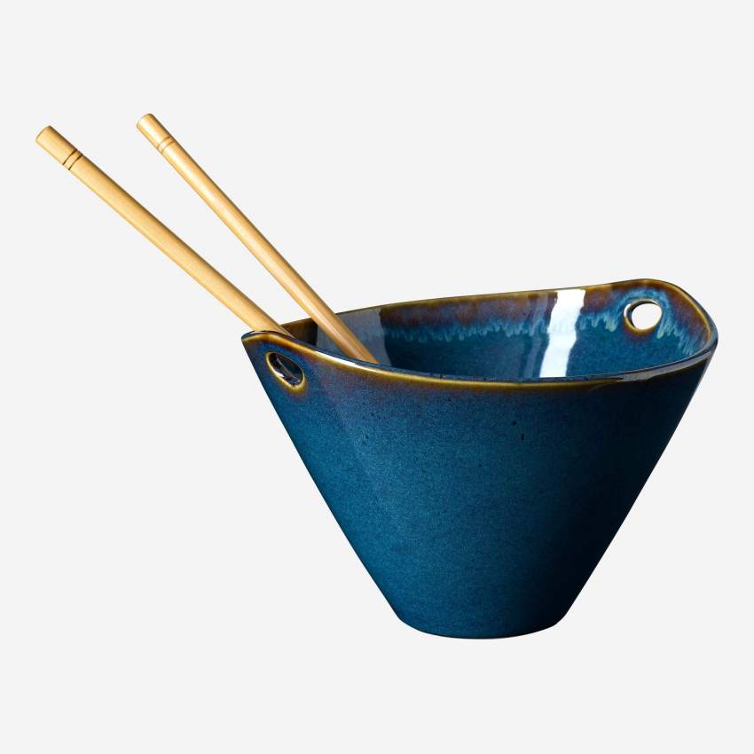 Ciotola per noodles in arenaria con bacchette - 8 cm - Blu