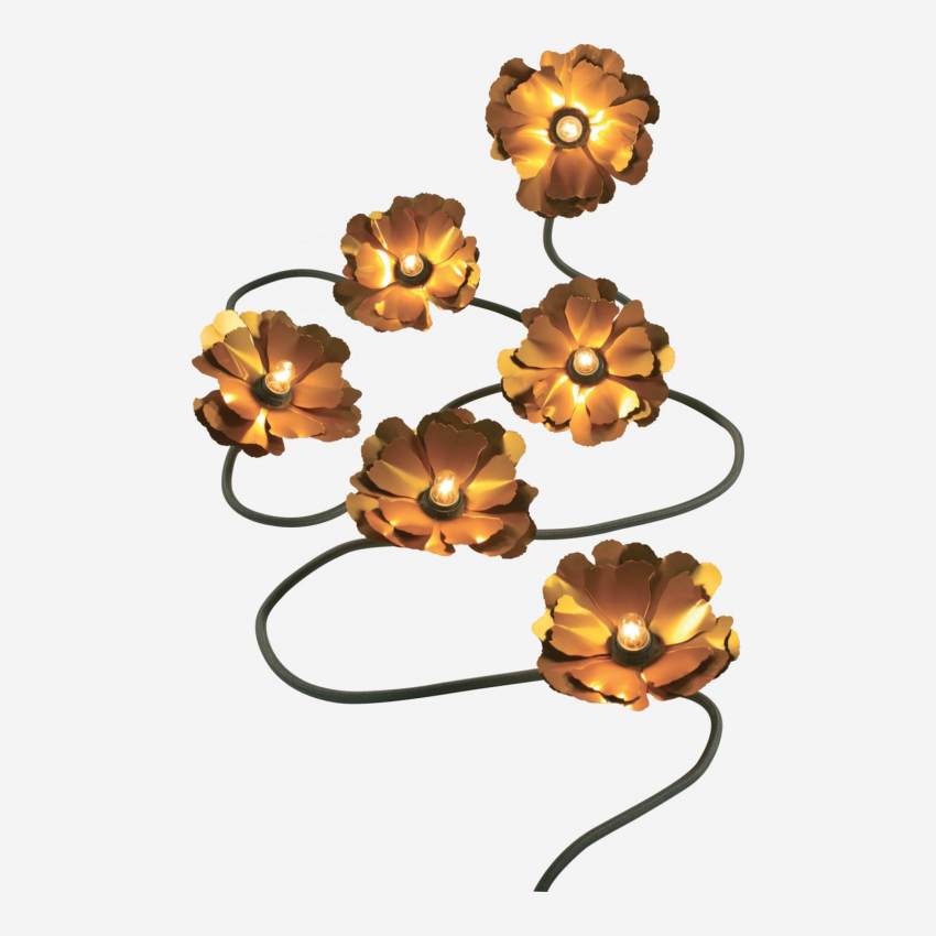 Grinalda luminosa LED c/ 6 flores em metal e tecido - Verde e Dourado