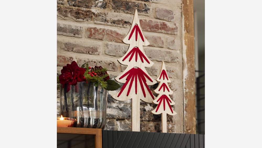 Décoration de Noël - Sapin en bois à poser - 60 cm - Naturel et rouge
