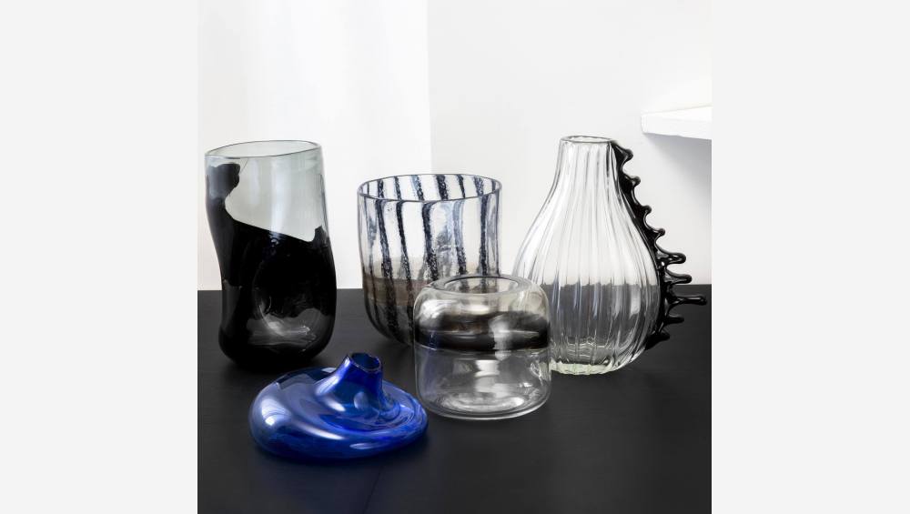 Vase en verre soufflé bouche - Doré et rayures bleues - 20 cm