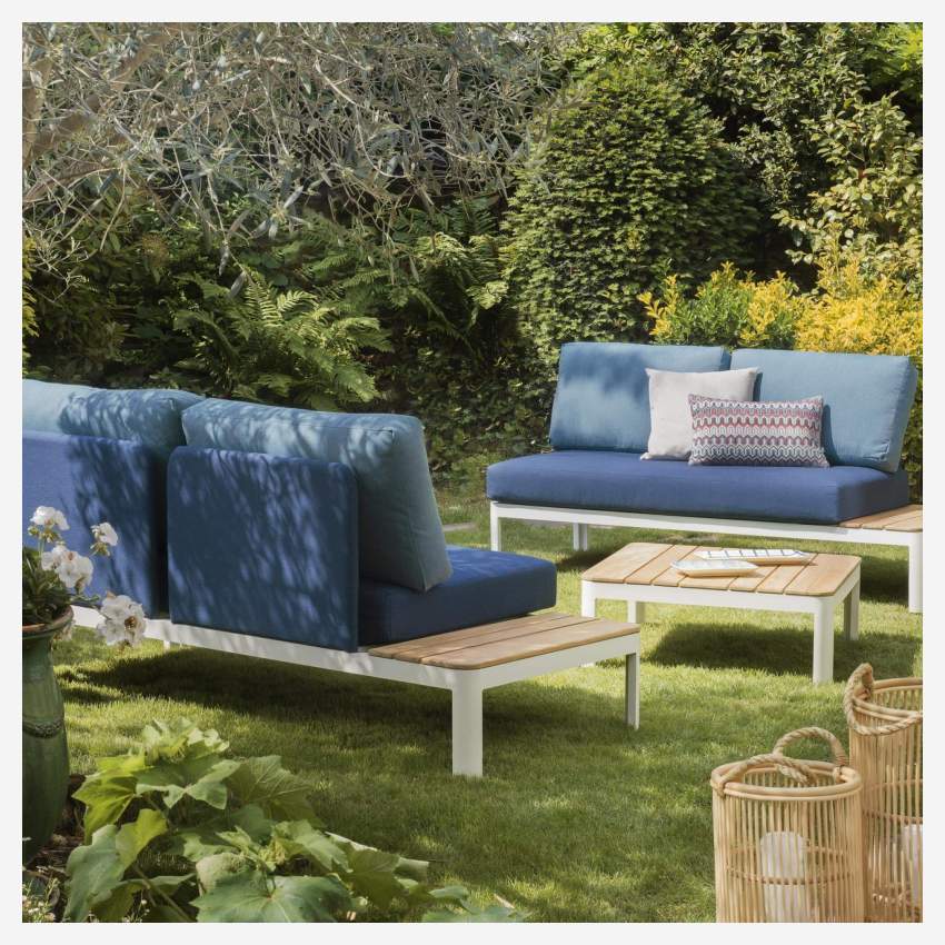 Sofá de jardín de aluminio blanco empolvado con mesa a la izquierda + Cojines Sunbrella azul índigo