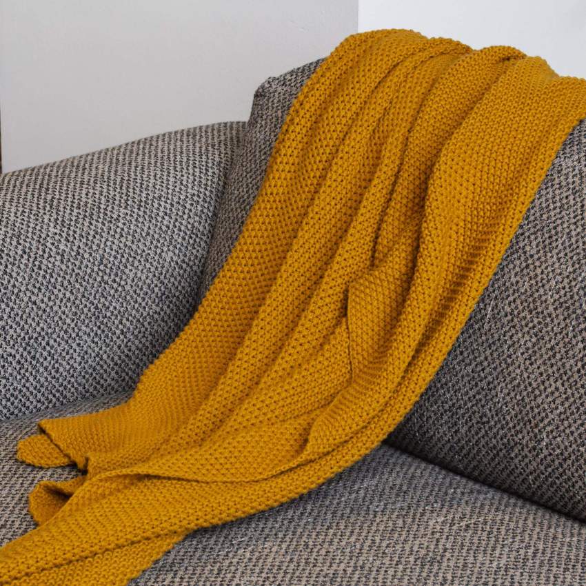 Plaid tricoté en coton - 130 x 170 cm - Jaune Moutarde