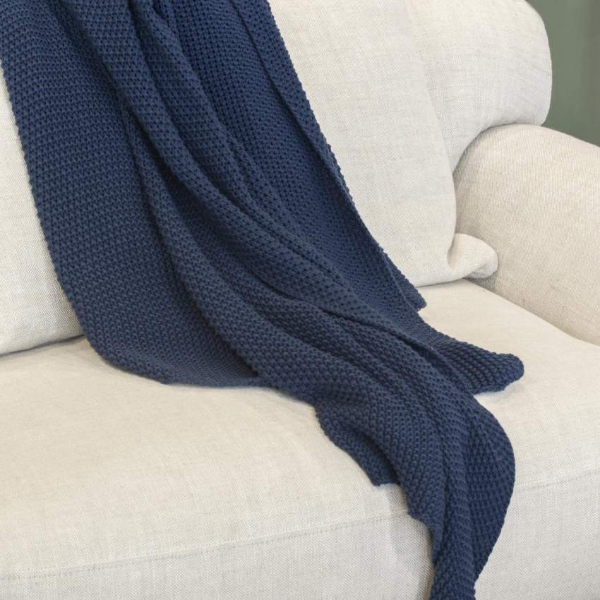 Manta tricotada de algodão - 130 x 170 cm - Azul