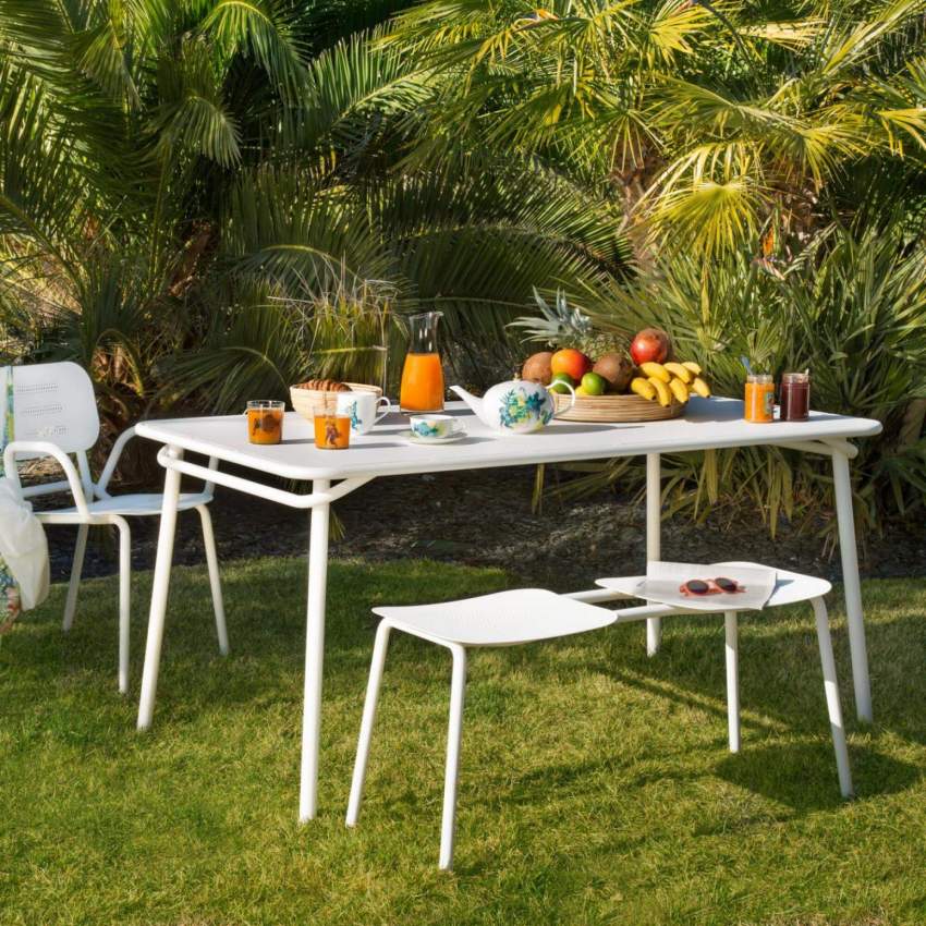 Table de jardin rectangulaire en acier blanc