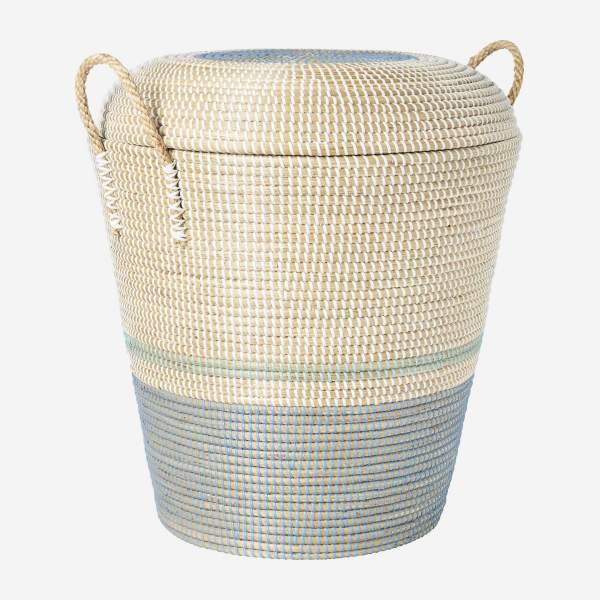 Cesto para ropa con tapa de junco de mar - 48 x 55 cm - Azul y blanco