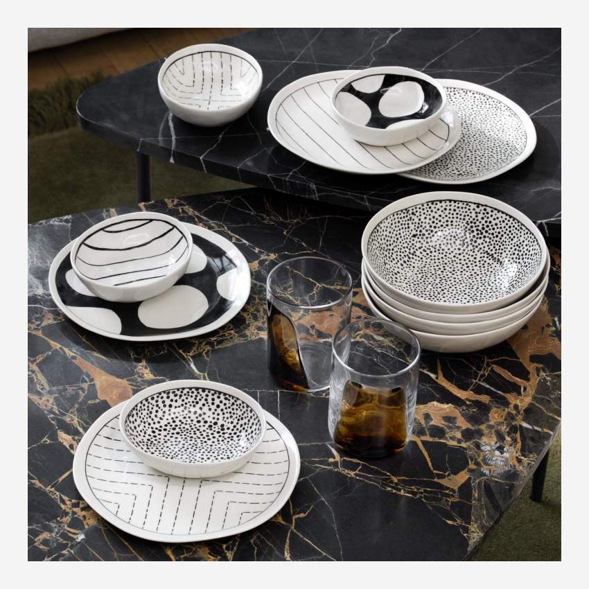 Set van 4 dessertborden van aardewerk - 20 cm - Zwart-wit patroon