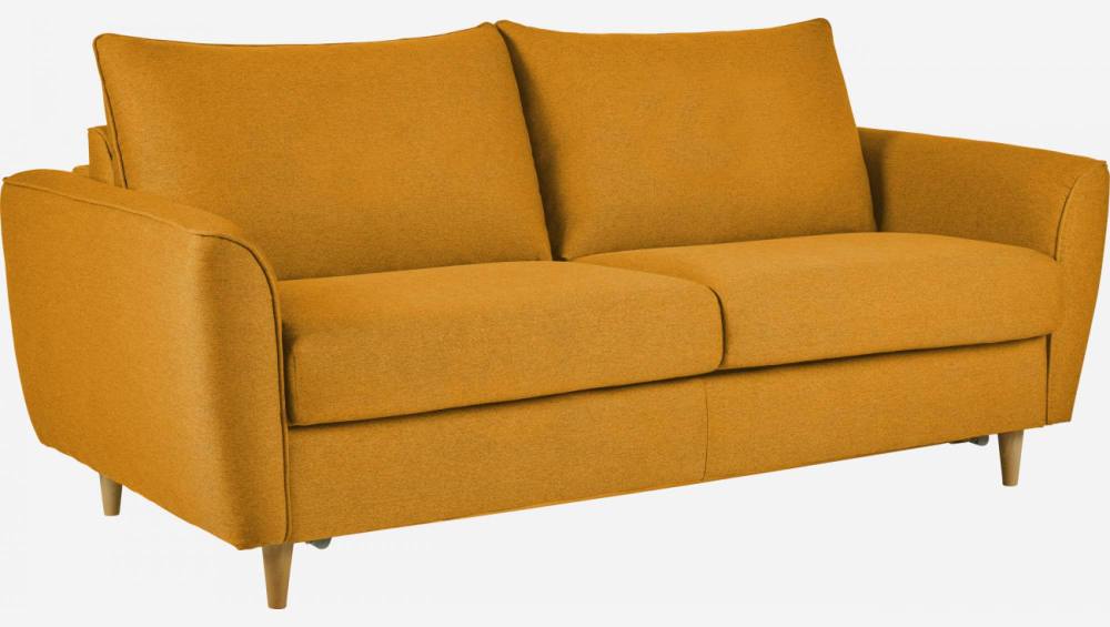 Sofá-cama de tecido 3 lugares c/ sommier de ripas - Amarelo mostarda