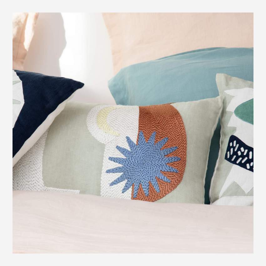 Cuscino in lino ricamato - 40 x 60 cm - Motivo luna - Design di Floriane Jacques