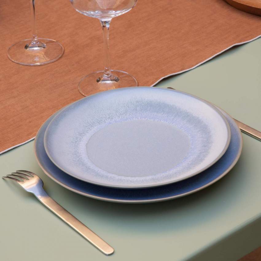 Assiette plate en grès - 26 cm - Bleu et marron