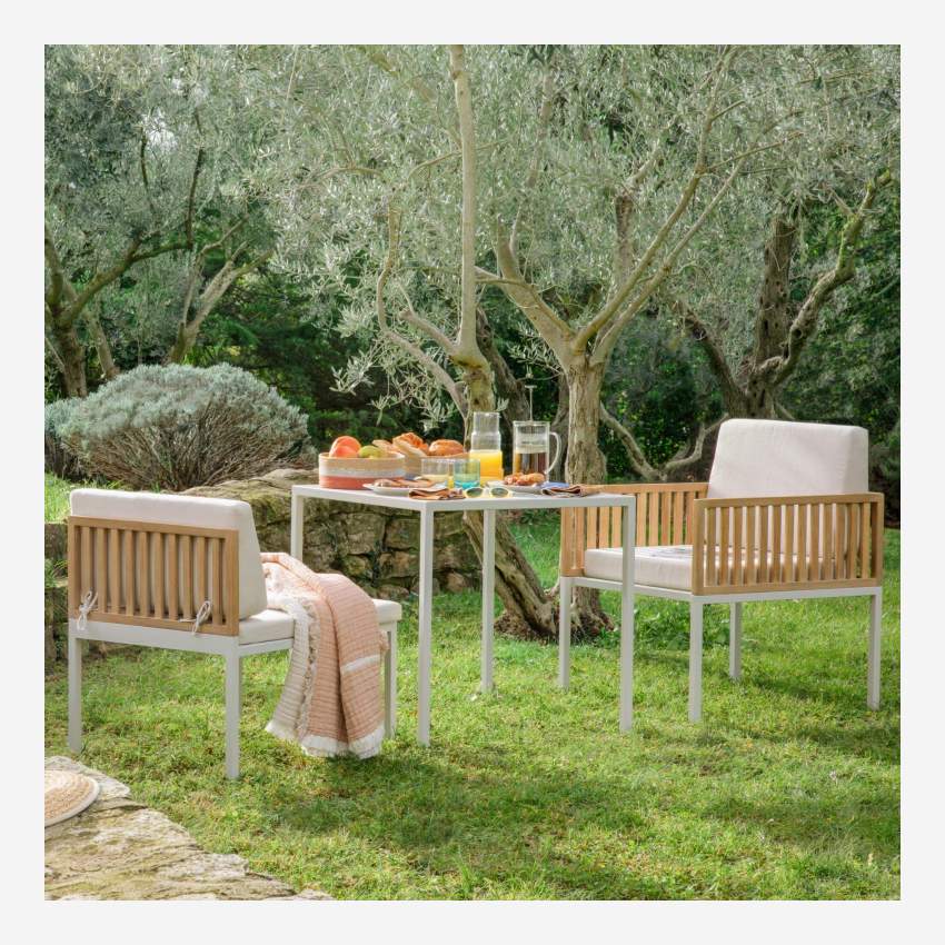 Gartenset mit 2 Sesseln und Tisch aus Akazienholz und Stahl - Taubengrau