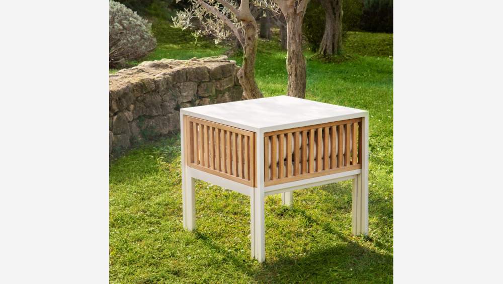 Set di mobili da giardino con 2 poltrone e tavolo in legno di acacia e acciaio - Tortora