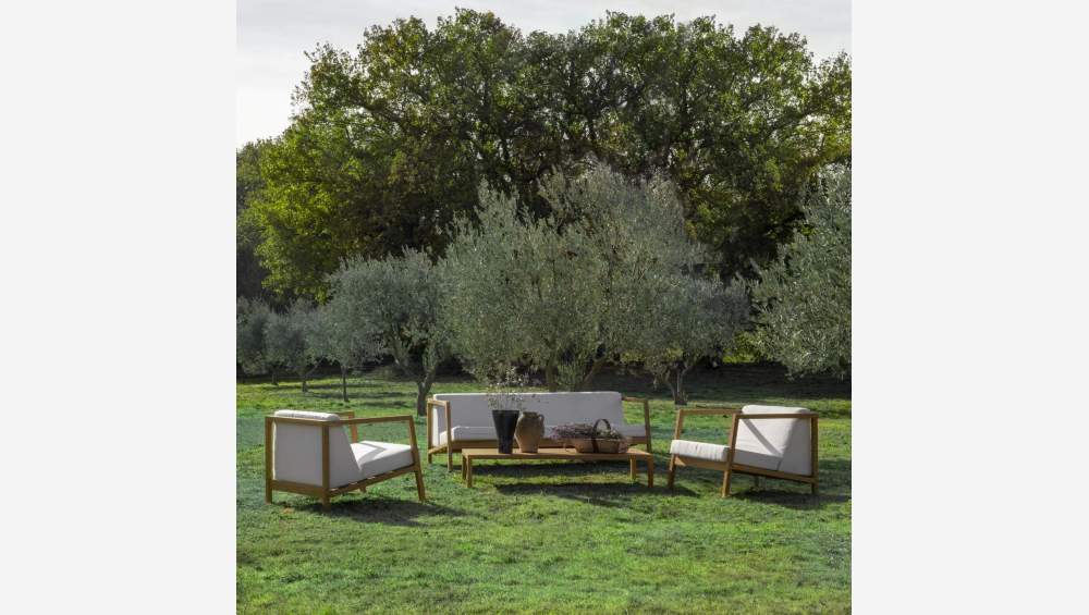 Conjunto de jardín con 1 sofá + 2 butacas + 1 mesa de centro de madera de eucaliptus 