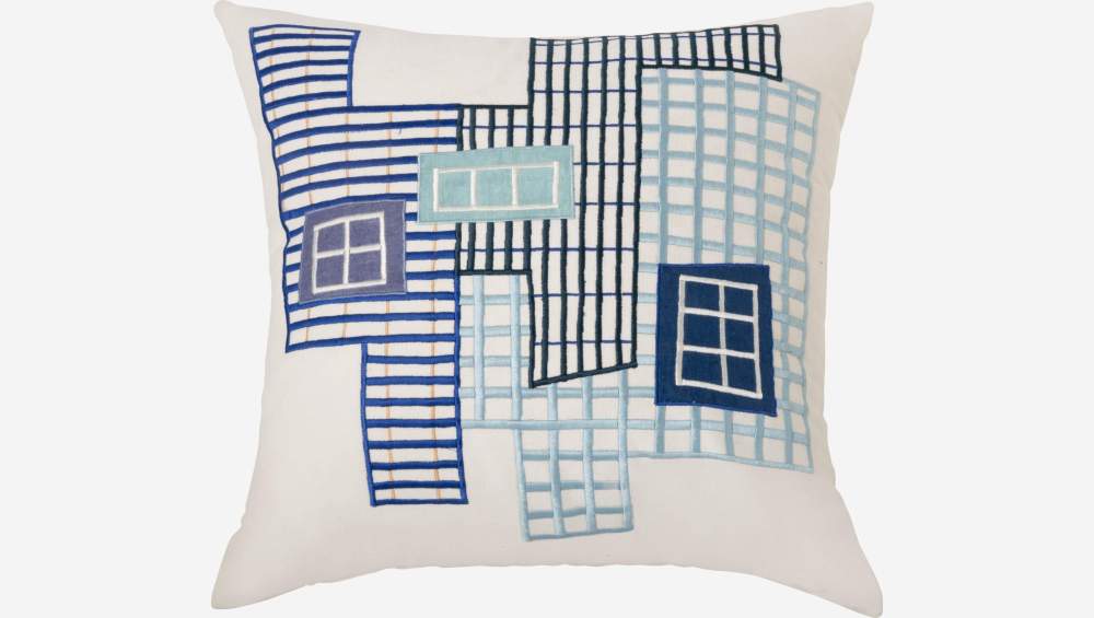 Coussin brodé en coton - 45 x 45 cm - Bleu - Design by Floriane Jacques