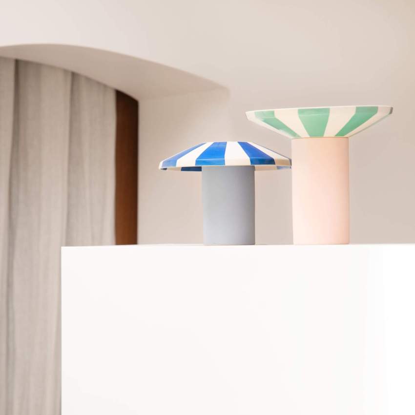 Vase aus Sandstein - 21 x 16 cm - Grüne Streifen - Design by Chloé Le Cam
