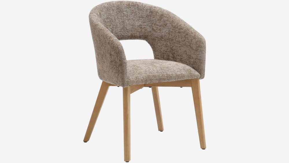 Lot de 2 chaises en tissu chenille et bois massif avec accoudoirs - Beige et chêne