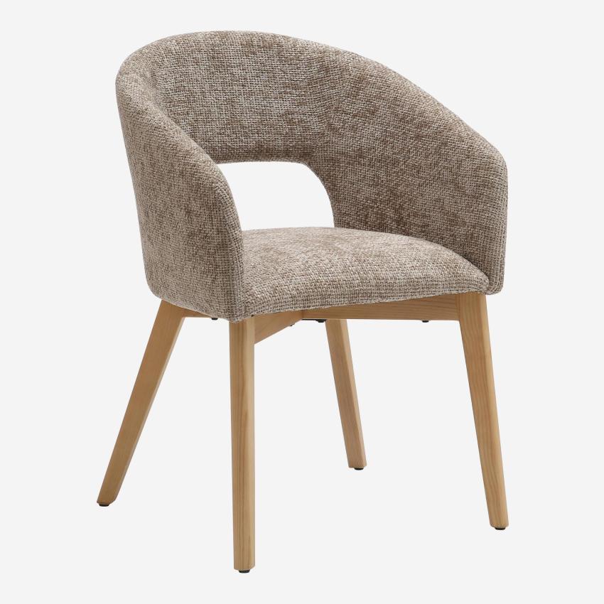 Lot de 2 chaises en tissu chenille et bois massif avec accoudoirs - Beige et chêne