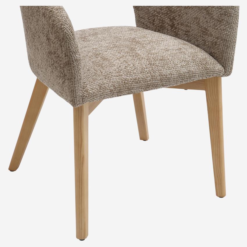 Lot de 2 chaises en tissu chenille et bois massif avec accoudoirs - Beige et chêne