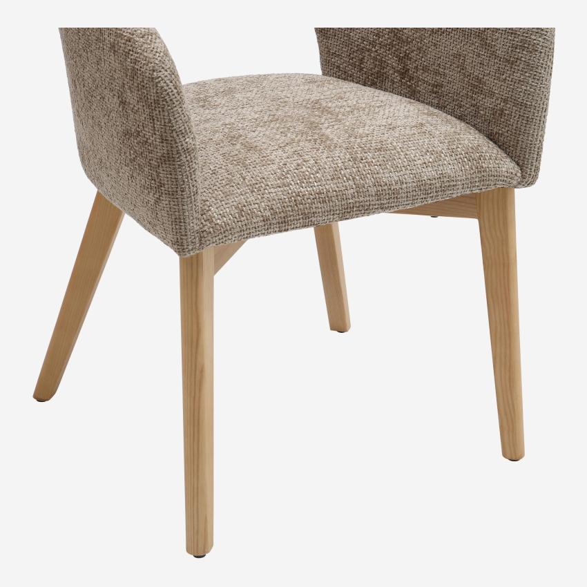 Lot de 2 chaises en tissu chenille et bois massif avec accoudoirs - Beige et chêne