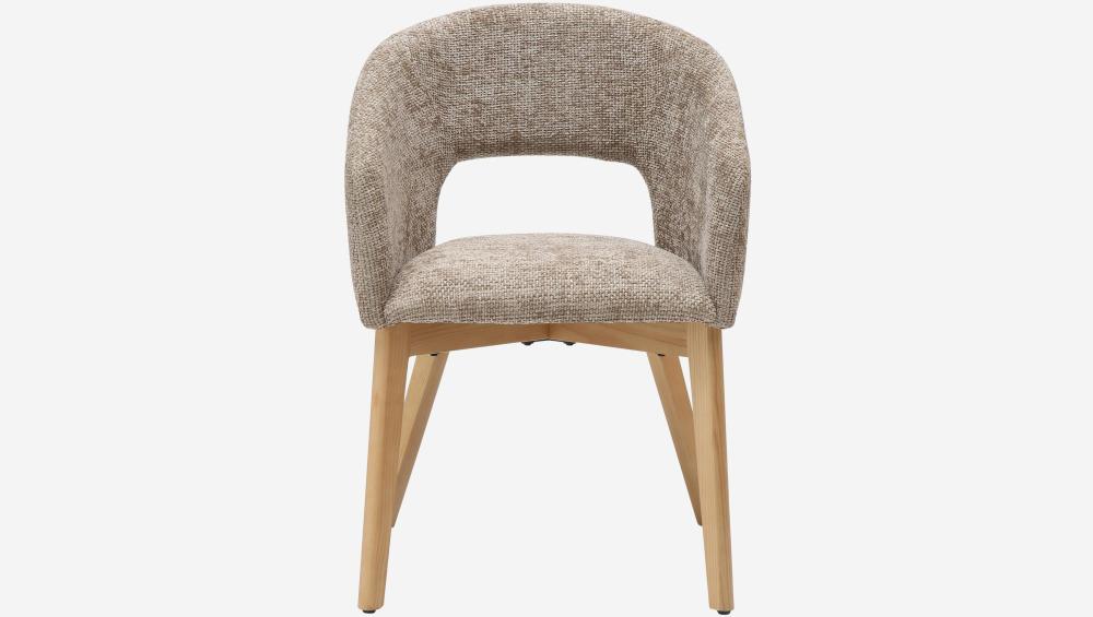 Lot de 2 chaises en tissu chenille et bois massif avec accoudoirs - Beige et chêne