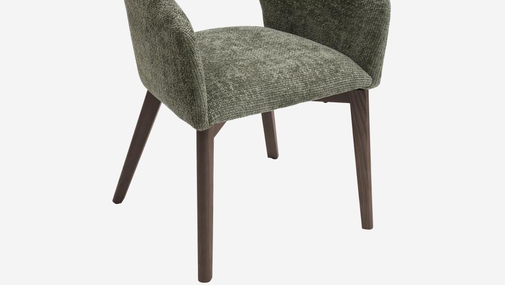 Lot de 2 chaises en tissu chenille et bois massif avec accoudoirs - Vert et noyer