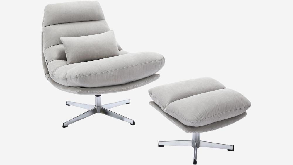 Fauteuil pivotant avec repose-pieds en tissu et métal chromé - Gris