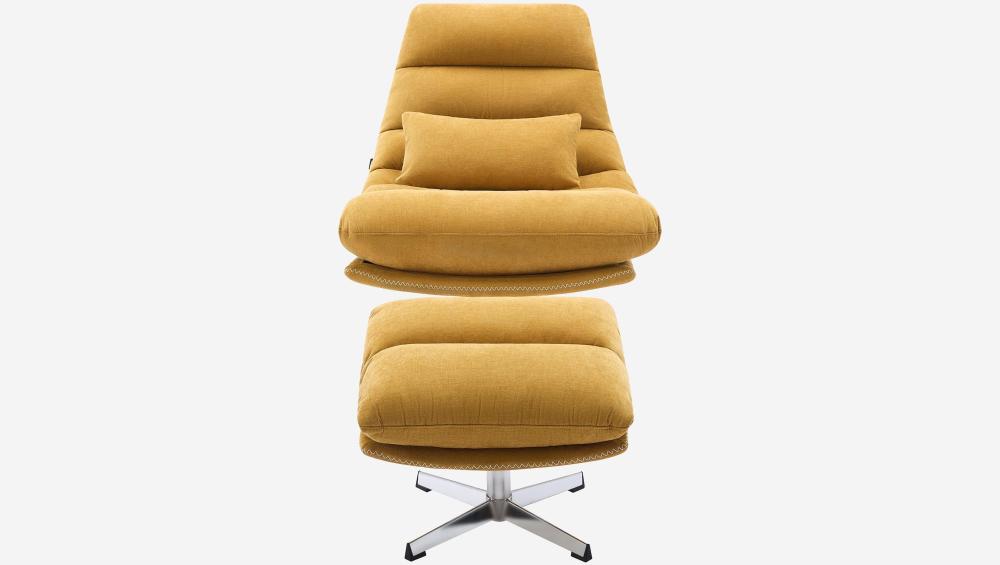 Fauteuil pivotant avec repose-pieds en tissu et métal chromé - Jaune ocre