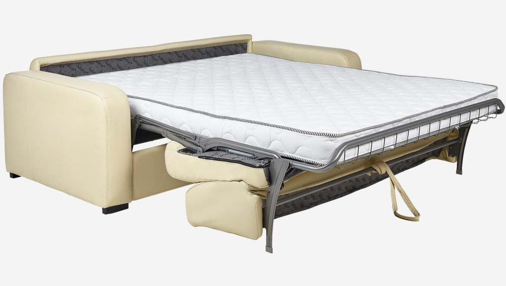 Canapé convertible 3 places - Couchage 160 cm - Matelas en mousse 14 cm - Cuir Beige