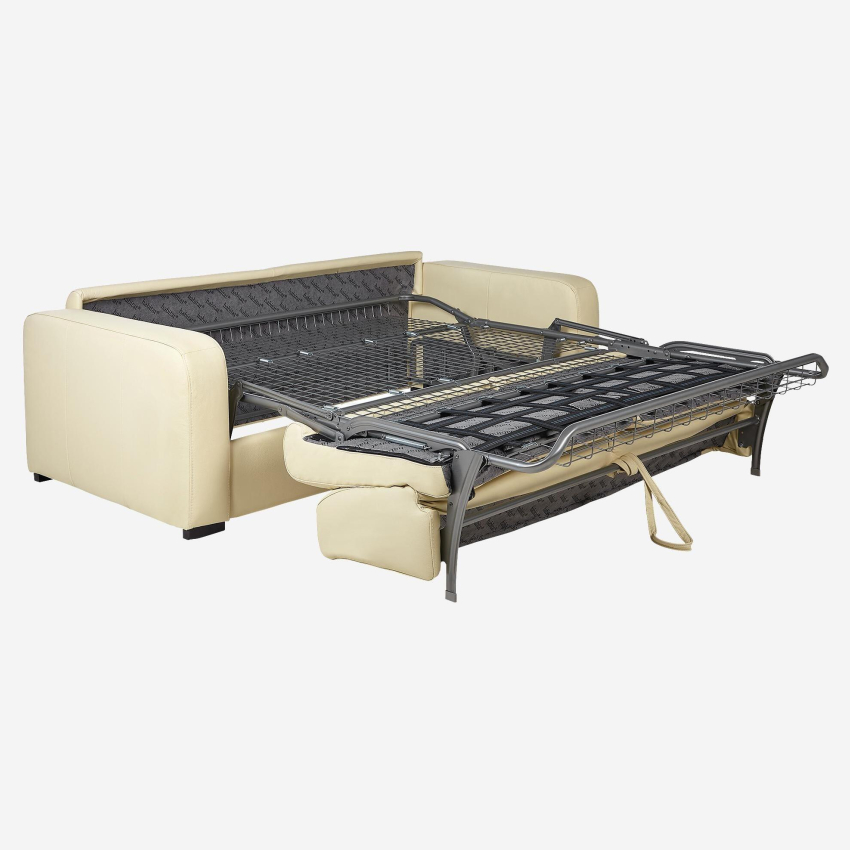 Canapé convertible 3 places - Couchage 160 cm - Matelas en mousse 14 cm - Cuir Beige