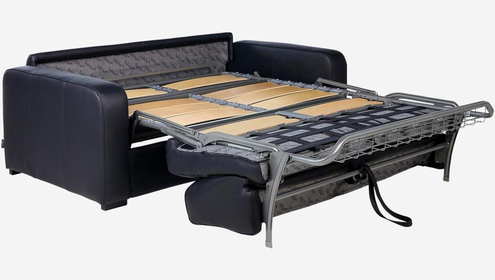 Canapé convertible 3 places - Couchage lattes larges 160 cm - Matelas en mousse 14 cm - Cuir Noir