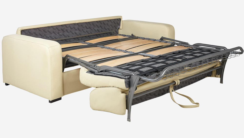 Canapé convertible 3 places - Couchage lattes larges 160 cm - Matelas en mousse 14 cm - Cuir Beige