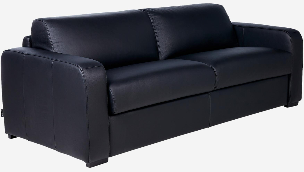 Canapé convertible 2 places - Couchage lattes larges 140 cm - Matelas en mousse 14 cm - Cuir Noir