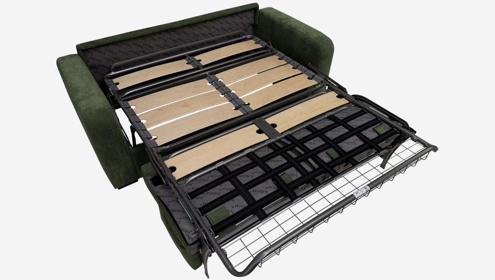 Canapé convertible 3 places - Couchage lattes larges 160 cm - Matelas en mousse haute résilience 14 cm avec surmatelas - Tissu Lipari Vert foncé