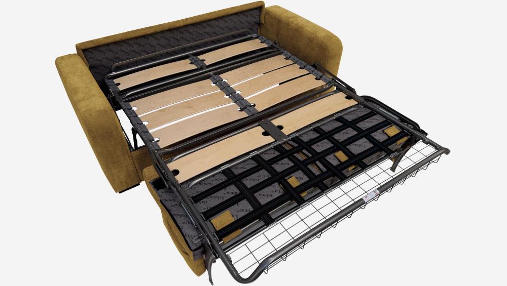 Canapé convertible 3 places - Couchage lattes larges 160 cm - Matelas en mousse haute résilience 18 cm avec surmatelas - Tissu Cerado Jaune argile